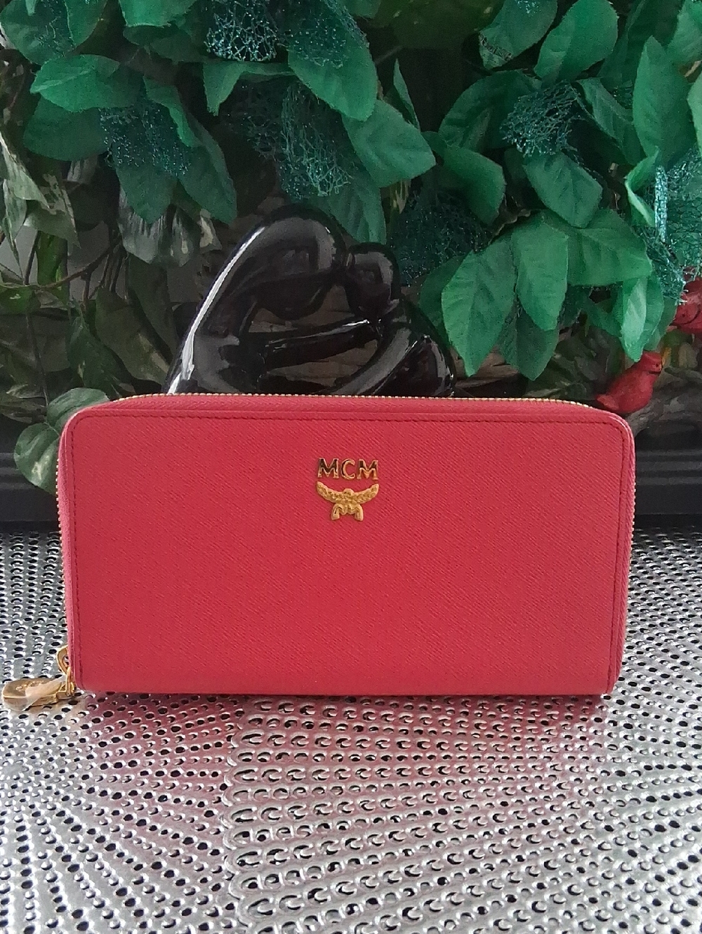 MCM Red Zip-Around Saffiano Leather Wallet with Gold Logo. NWT